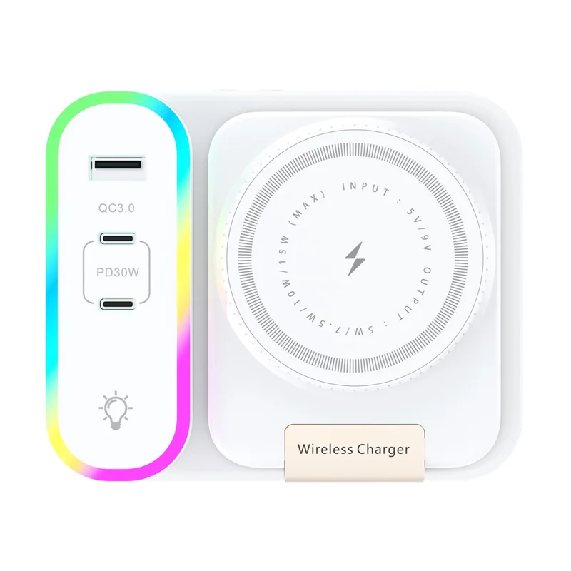 CYJ-12 15W Multi-Port Wireless Charger Foldable Magnetic Charging Station with Retractable Cable Digital Clock Display - White