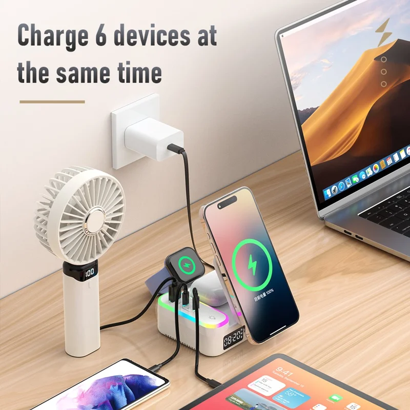 CYJ-12 15W Multi-Port Wireless Charger Foldable Magnetic Charging Station with Retractable Cable Digital Clock Display - White