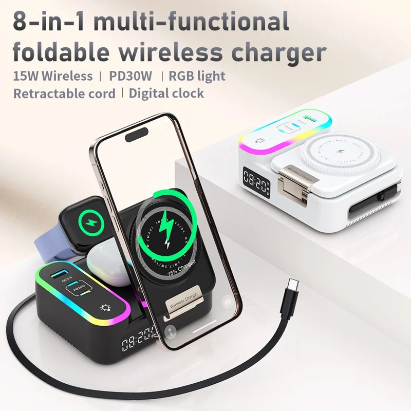 CYJ-12 15W Multi-Port Wireless Charger Foldable Magnetic Charging Station with Retractable Cable Digital Clock Display - White