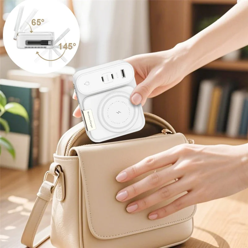 CYJ-12 15W Multi-Port Wireless Charger Foldable Magnetic Charging Station with Retractable Cable Digital Clock Display - White