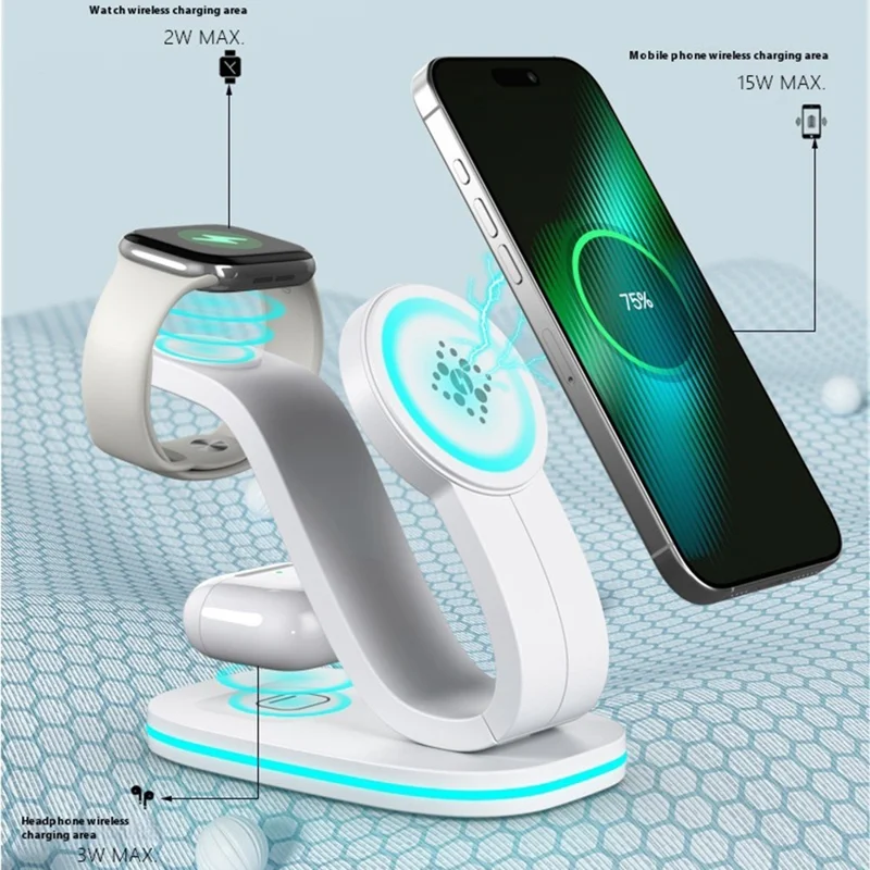 B-28 Multifunction 15W Wireless Charger with Night Light for Phone Watch Earbuds, Standard Version - White