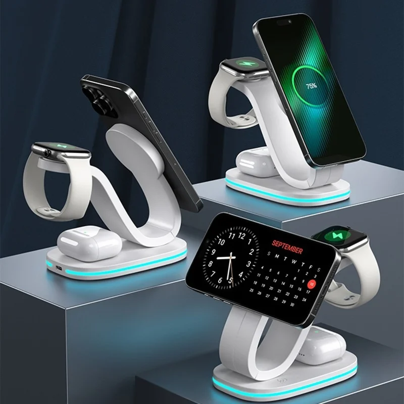B-28 Multifunction 15W Wireless Charger with Night Light for Phone Watch Earbuds, Standard Version - White