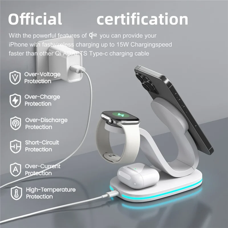 B-28 Cargador inalámbrico multifunción de 15W con luz nocturna para teléfono, reloj y auriculares, versión Qi2 - Rosa
