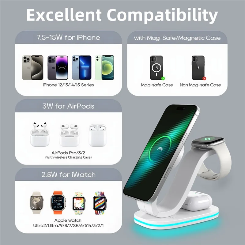 B-28 Cargador inalámbrico multifunción de 15W con luz nocturna para teléfono, reloj y auriculares, versión Qi2 - Rosa