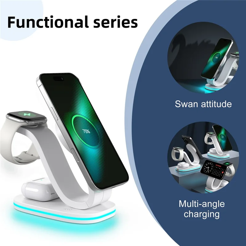 B-28 Cargador inalámbrico multifunción de 15W con luz nocturna para teléfono, reloj y auriculares, versión Qi2 - Rosa