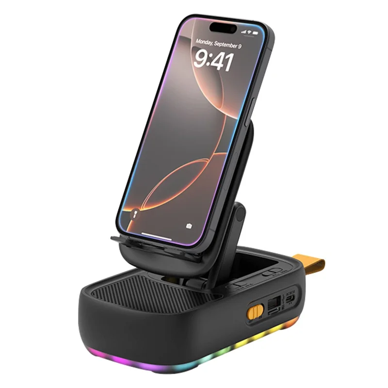 Support de téléphone de bureau multifonctionnel F15 pliable et rotatif avec enceinte Bluetooth et batterie externe - Noir