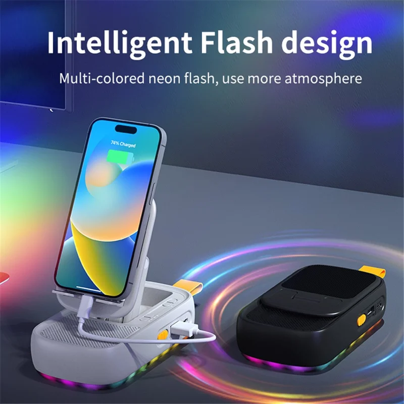 Support de téléphone de bureau multifonctionnel F15 pliable et rotatif avec enceinte Bluetooth et batterie externe - Noir