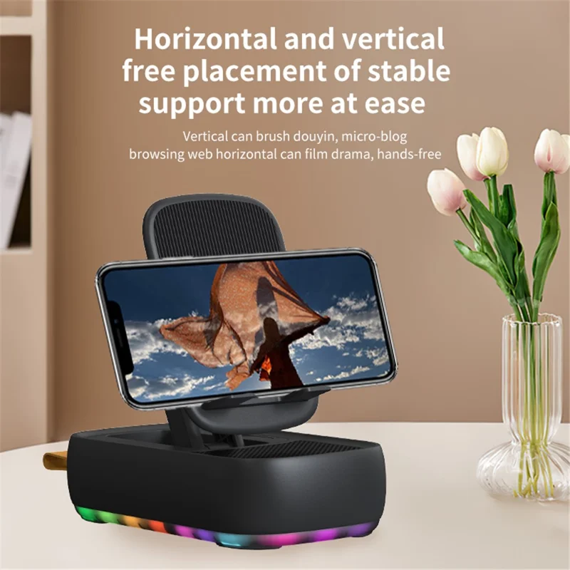 Support de téléphone de bureau multifonctionnel F15 pliable et rotatif avec enceinte Bluetooth et batterie externe - Noir