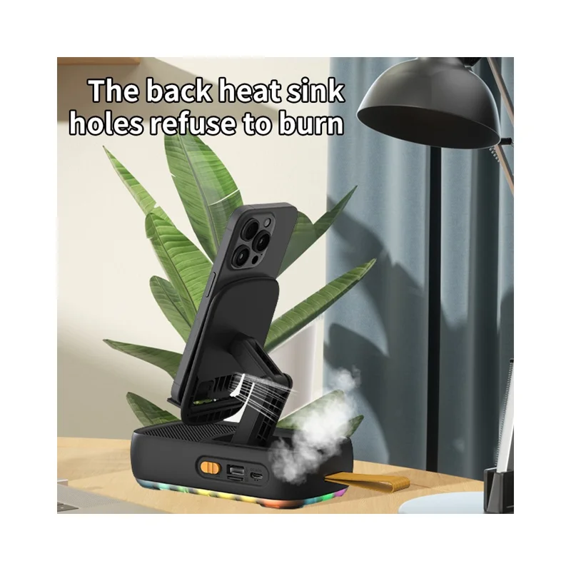 Support de téléphone de bureau multifonctionnel F15 pliable et rotatif avec enceinte Bluetooth et batterie externe - Noir