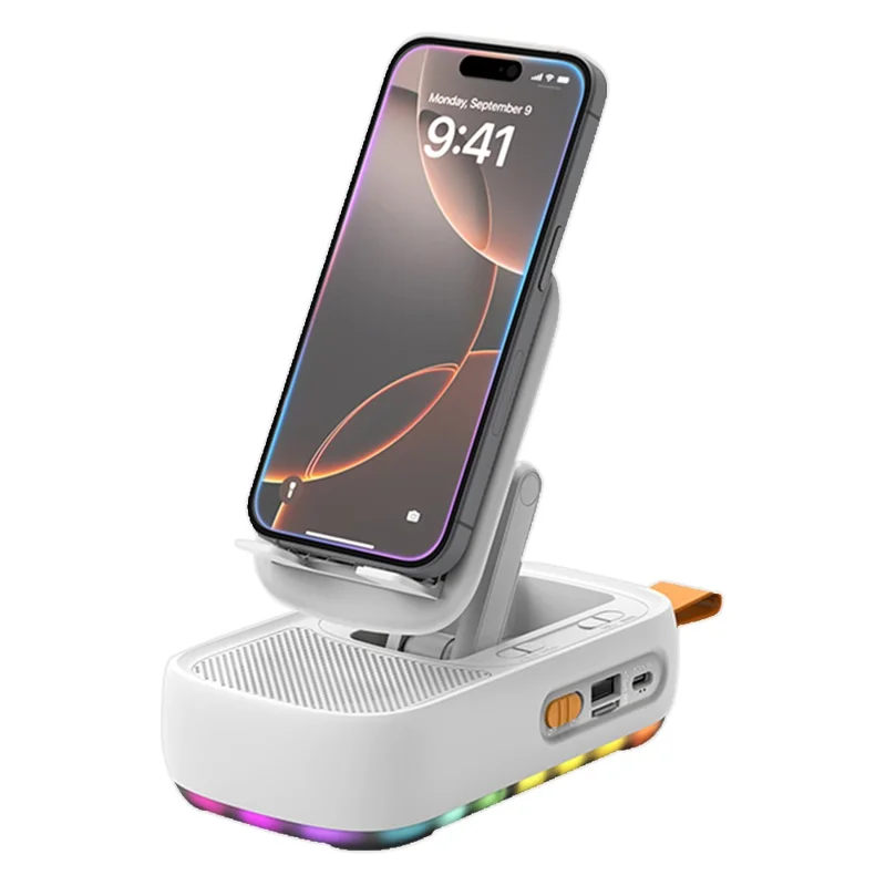 F15 Multifunctional Foldable Rotating Desktop Phone Stand Bluetooth-Compatible Speaker Power Bank - White