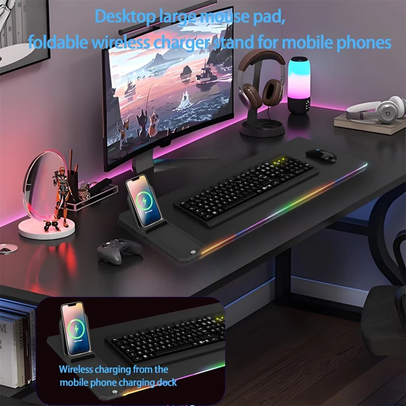 Tapis de souris H18 pour smartphone avec chargement sans fil 15W, clavier et souris, pliable, multifonctionnel avec éclairage LED