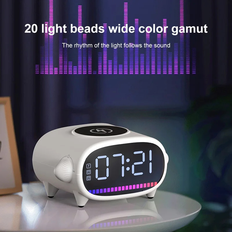 H39 Multifunktionaler Wecker TWS Bluetooth-kompatibler Lautsprecher 15W Wireless Ladegerät mit Ambientem Licht - Weiß