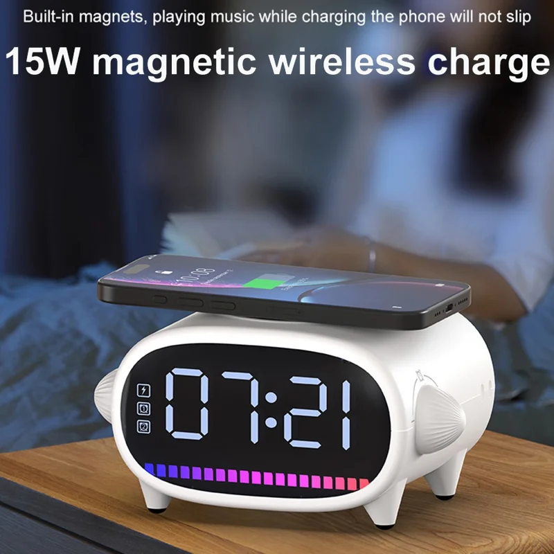 H39 Multifunktionaler Wecker TWS Bluetooth-kompatibler Lautsprecher 15W Wireless Ladegerät mit Ambientem Licht - Weiß