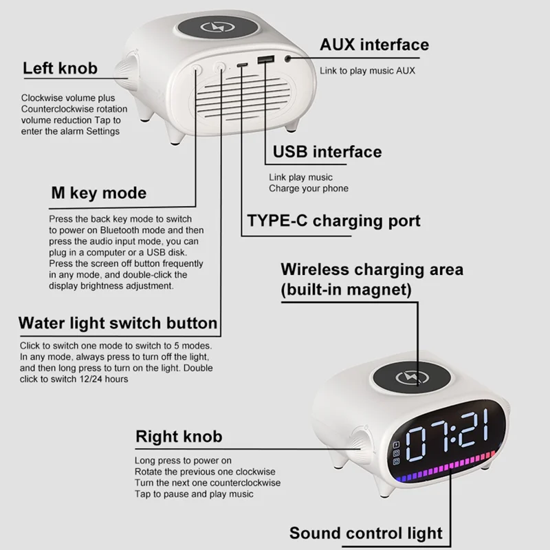 H39 Multifunktionaler Wecker TWS Bluetooth-kompatibler Lautsprecher 15W Wireless Ladegerät mit Ambientem Licht - Weiß