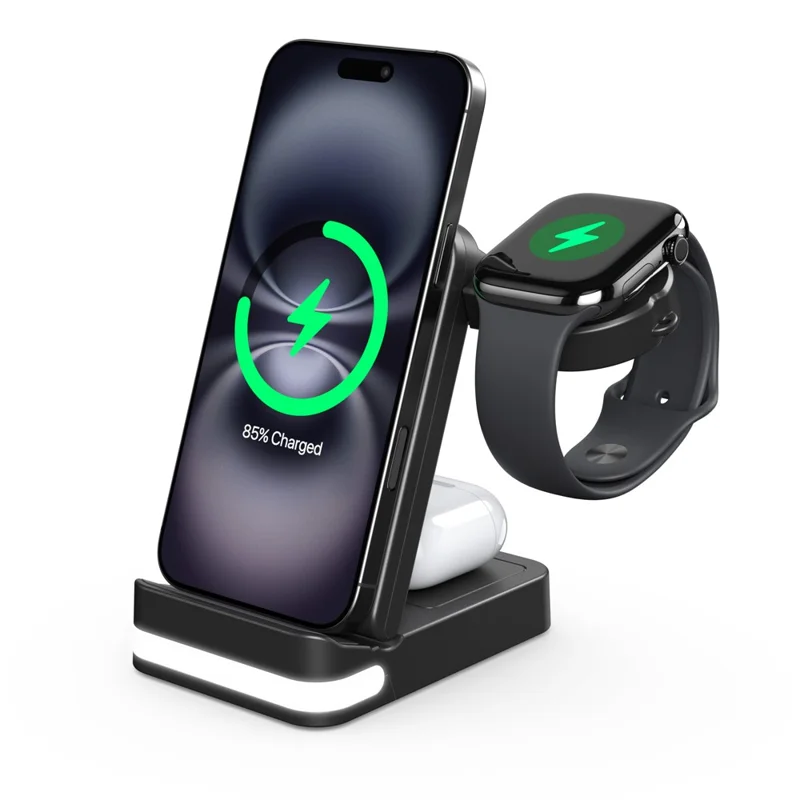 B-27 3-in-1 Faltbarer 15W Wireless Charger mit Nachtlicht für Apple Watch iPhone AirPods Ladestation - Schwarz