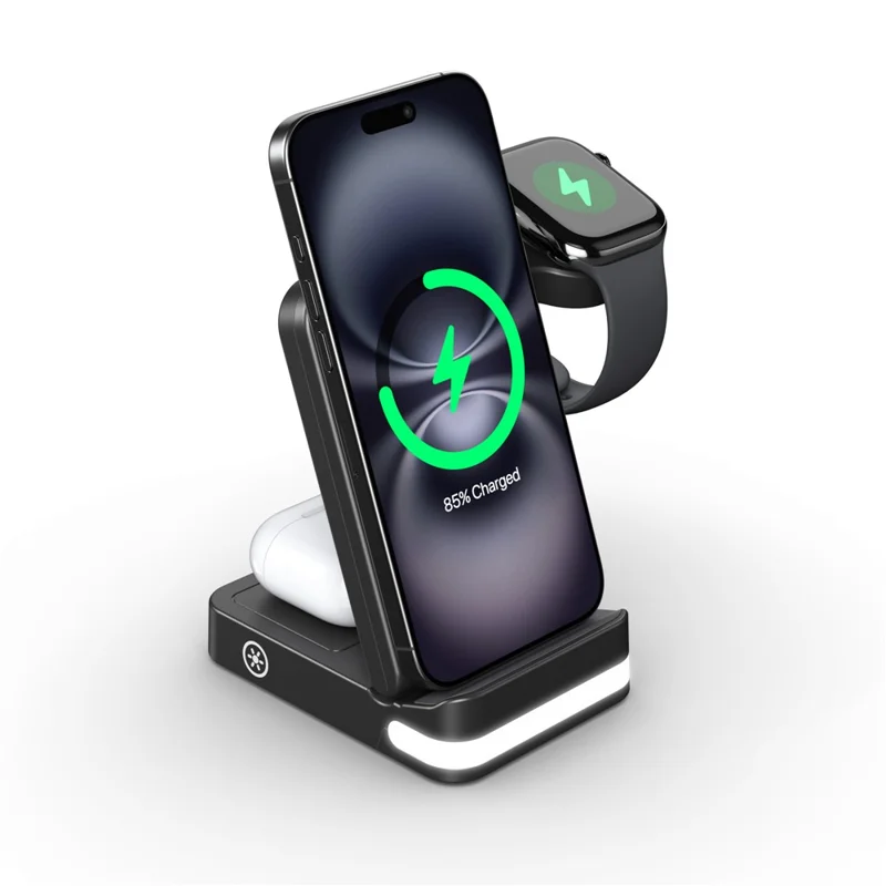 B-27 3-in-1 Faltbarer 15W Wireless Charger mit Nachtlicht für Apple Watch iPhone AirPods Ladestation - Schwarz