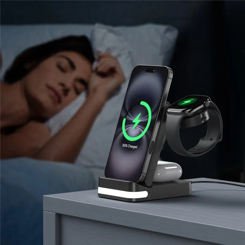 B-27 3-in-1 Faltbarer 15W Wireless Charger mit Nachtlicht für Apple Watch iPhone AirPods Ladestation - Schwarz
