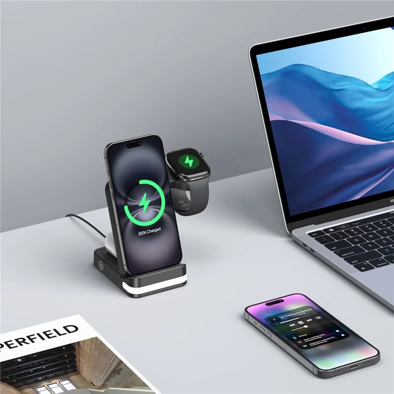 B-27 3-in-1 Faltbarer 15W Wireless Charger mit Nachtlicht für Apple Watch iPhone AirPods Ladestation - Schwarz