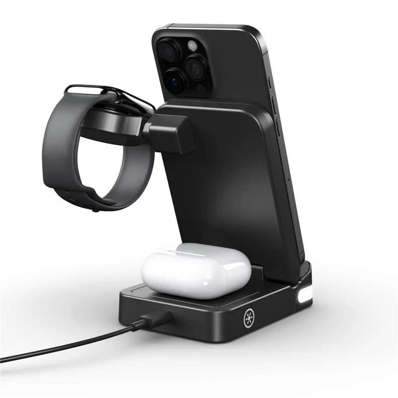 B-27 3-in-1 Faltbarer 15W Wireless Charger mit Nachtlicht für Apple Watch iPhone AirPods Ladestation - Schwarz