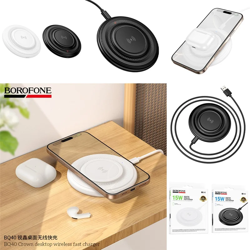 BOROFONE BQ40 Crown Caricatore wireless da tavolo veloce da 15 W Stazione di ricarica per smartphone e auricolari - Nero