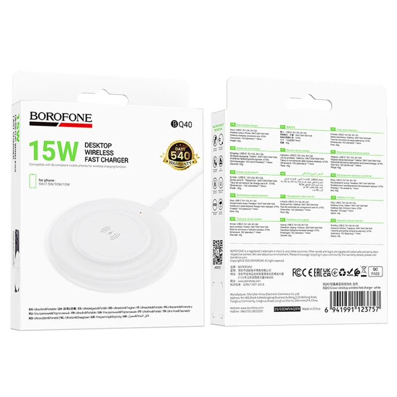 Estación de carga inalámbrica de escritorio BOROFONE BQ40 Corona, 15W, para smartphones y auriculares - Blanco