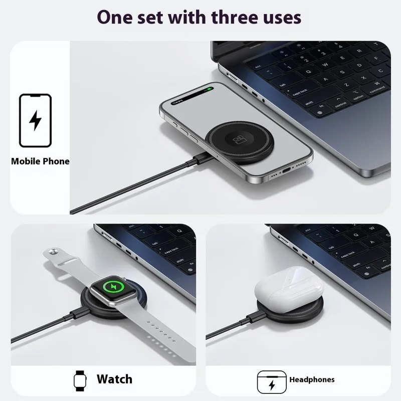 Carregador Sem Fio Magnético HT-558 3 em 1 de 15W para iPhone / AirPods / Apple Watch com Suporte Dobrável - Branco