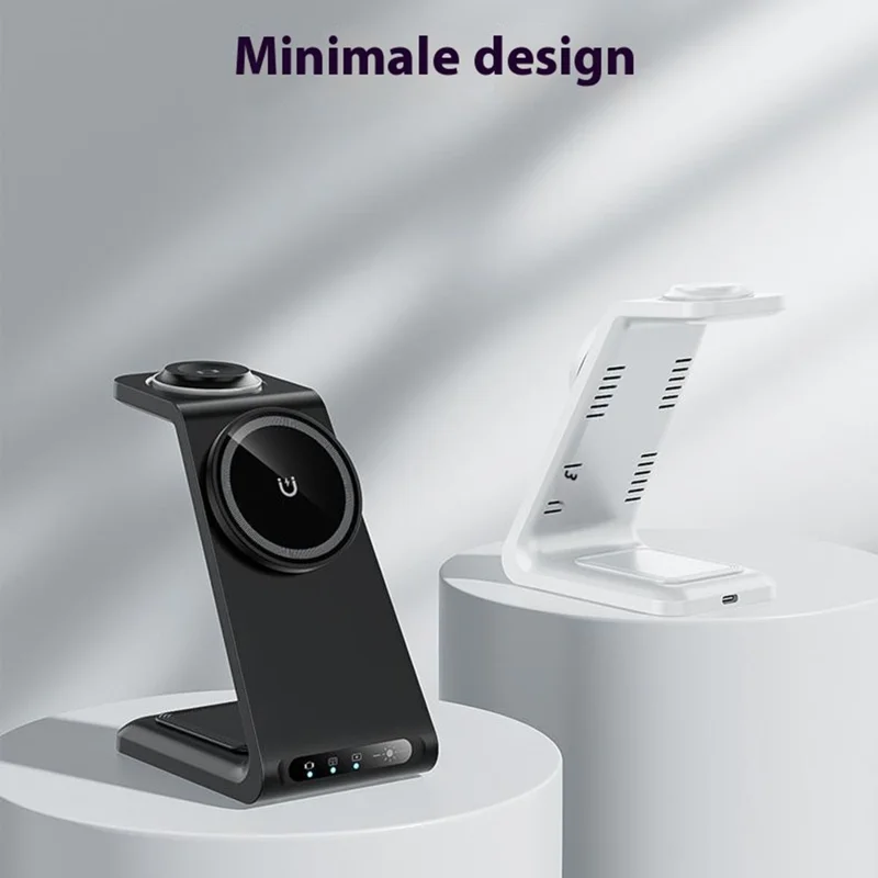 HT-546 15W Magnetic Wireless Charger Desktop Stand with Night Light for Phone / Earbuds / Watch - Black
