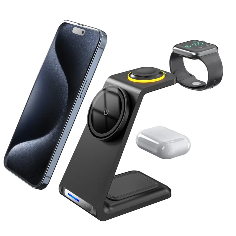 HT-546 15W Magnetic Wireless Charger Desktop Stand with Night Light for Phone / Earbuds / Watch - Black