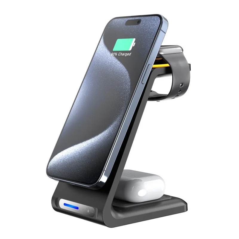 HT-546 15W Magnetic Wireless Charger Desktop Stand with Night Light for Phone / Earbuds / Watch - Black