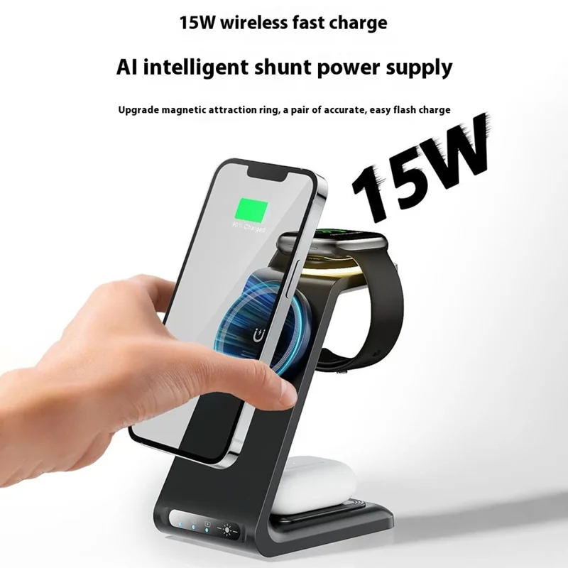 HT-546 15W Magnetic Wireless Charger Desktop Stand with Night Light for Phone / Earbuds / Watch - Black