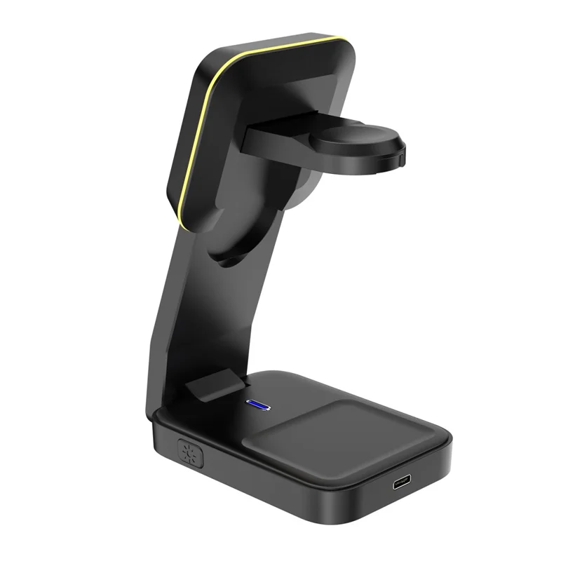 HT-538 3 in 1 Foldable 15W Magnetic Wireless Charger with Night Light for Phone / Watch / Earbuds - Black