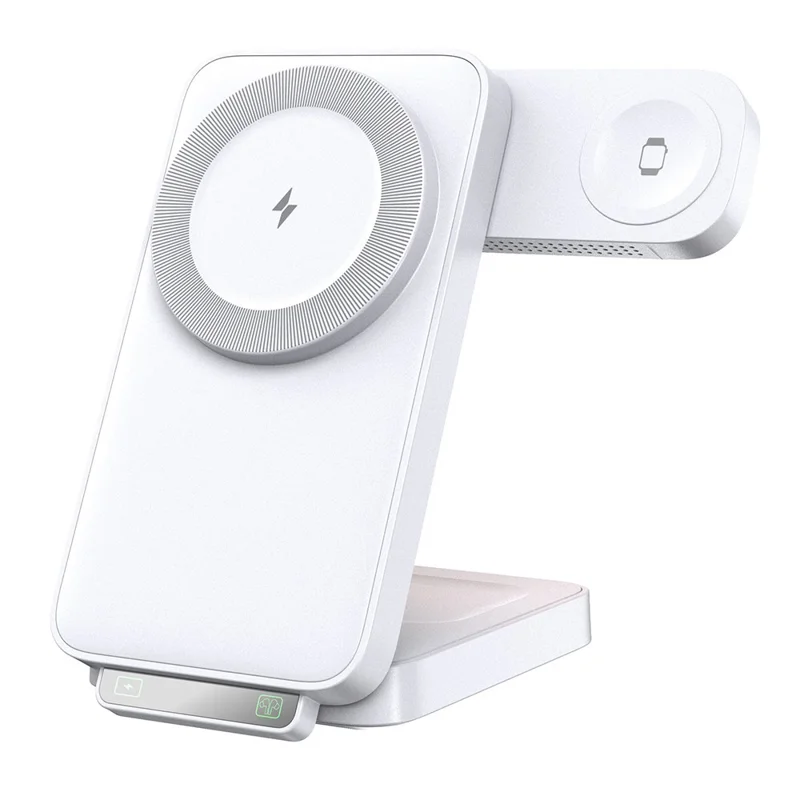 HT-545 Foldable Magnetic Wireless Charger with Night Light 3 in 1 15W Fast Charging Station for Phone / Earbuds / Watch - White