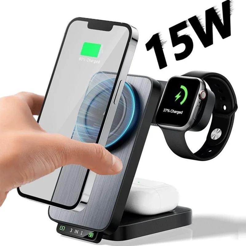 HT-545 Foldable Magnetic Wireless Charger with Night Light 3 in 1 15W Fast Charging Station for Phone / Earbuds / Watch - White