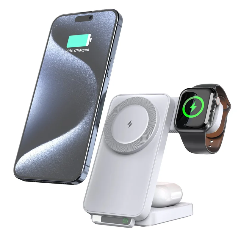 HT-545 Foldable Magnetic Wireless Charger with Night Light 3 in 1 15W Fast Charging Station for Phone / Earbuds / Watch - White