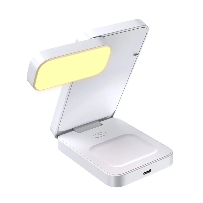 HT-545 Foldable Magnetic Wireless Charger with Night Light 3 in 1 15W Fast Charging Station for Phone / Earbuds / Watch - White