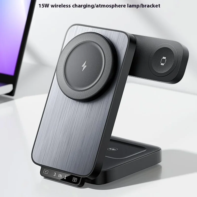 HT-545 Foldable Magnetic Wireless Charger with Night Light 3 in 1 15W Fast Charging Station for Phone / Earbuds / Watch - White
