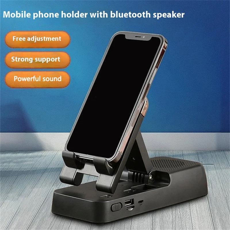 Support de téléphone F18 avec haut-parleur Bluetooth intégré, support réglable et batterie portable rechargeable de 1200 mAh - Noir