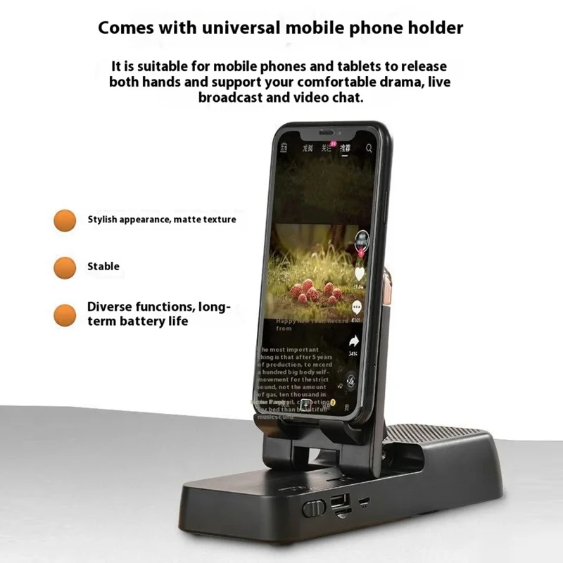 Support de téléphone F18 avec haut-parleur Bluetooth intégré, support réglable et batterie portable rechargeable de 1200 mAh - Noir