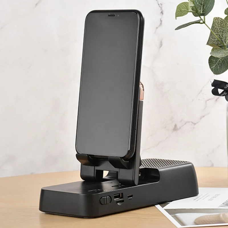 Support de téléphone F18 avec haut-parleur Bluetooth intégré, support réglable et batterie portable rechargeable de 1200 mAh - Noir