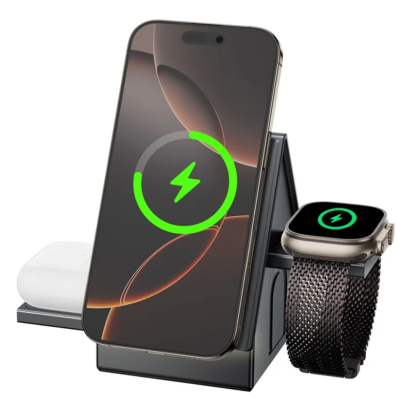 G68 3 in 1 Wireless Charger Watch / Phone / Earbuds 15W Desktop Magnetic Charging Dock - Dark Grey