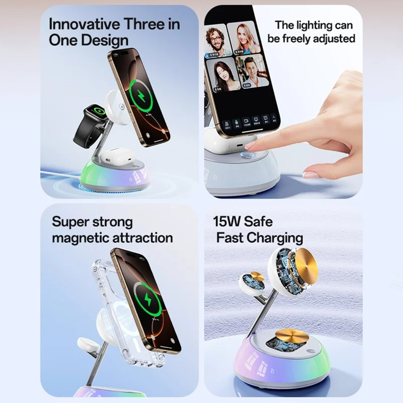 YESIDO DS31 3 in 1 Wireless Charging Station Phone Watch Earphone Magnetic Wireless Charger with Night Light