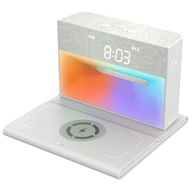 Station de charge sans fil multifonction avec enceinte compatible Bluetooth, lumière RVB et réveil - Blanc
