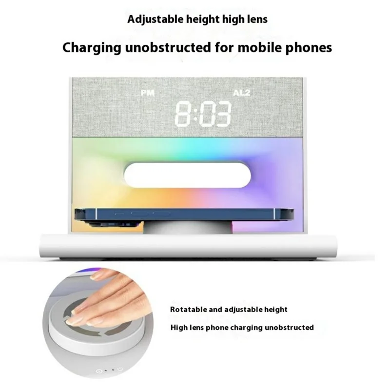 Station de charge sans fil multifonction avec enceinte compatible Bluetooth, lumière RVB et réveil - Blanc