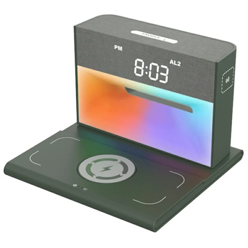 Stazione di ricarica wireless multifunzione con altoparlante Bluetooth e sveglia con luce RGB - Verde