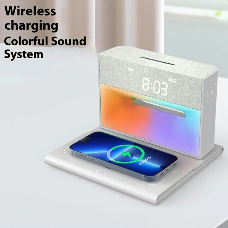 Stazione di ricarica wireless multifunzione con altoparlante Bluetooth e sveglia con luce RGB - Verde