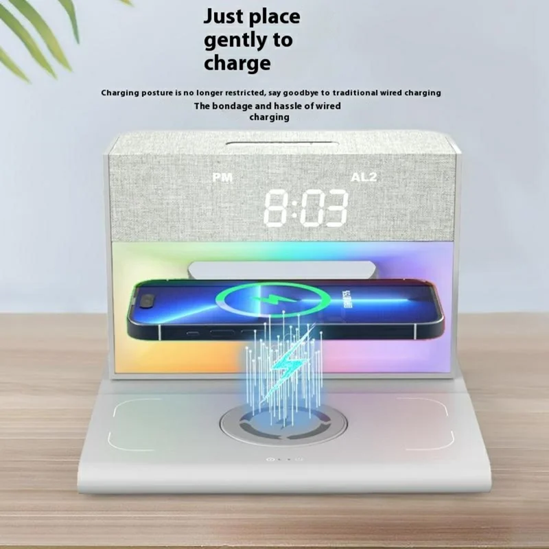 Stazione di ricarica wireless multifunzione con altoparlante Bluetooth e sveglia con luce RGB - Verde
