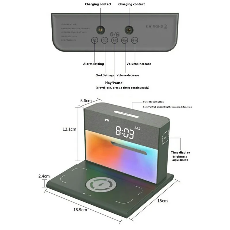 Stazione di ricarica wireless multifunzione con altoparlante Bluetooth e sveglia con luce RGB - Verde