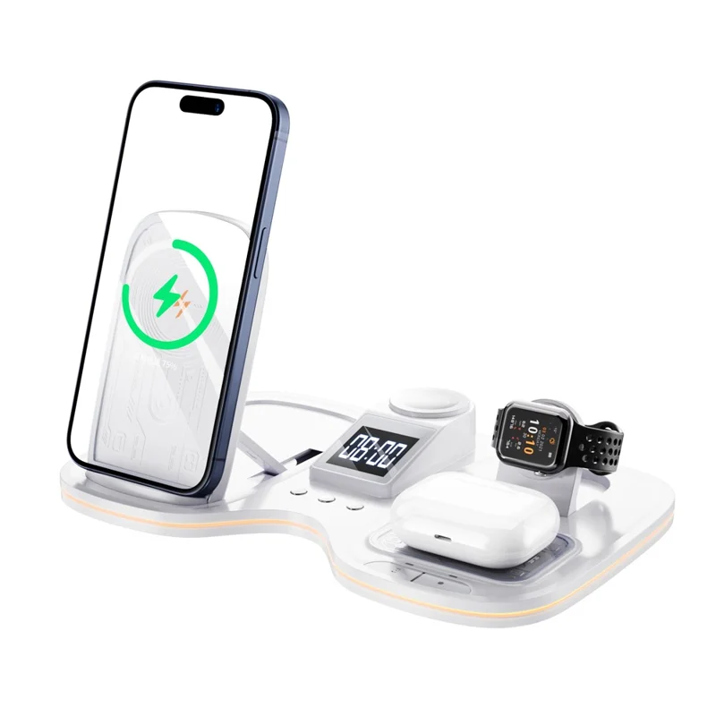 T60 Wireless Charging Station for Phone Watch Earbuds Magnetic Desktop Charger with Time Display