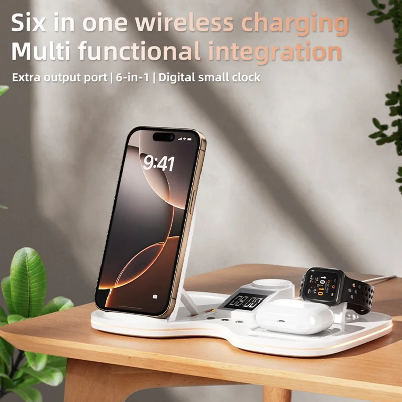 T60 Wireless Charging Station for Phone Watch Earbuds Magnetic Desktop Charger with Time Display