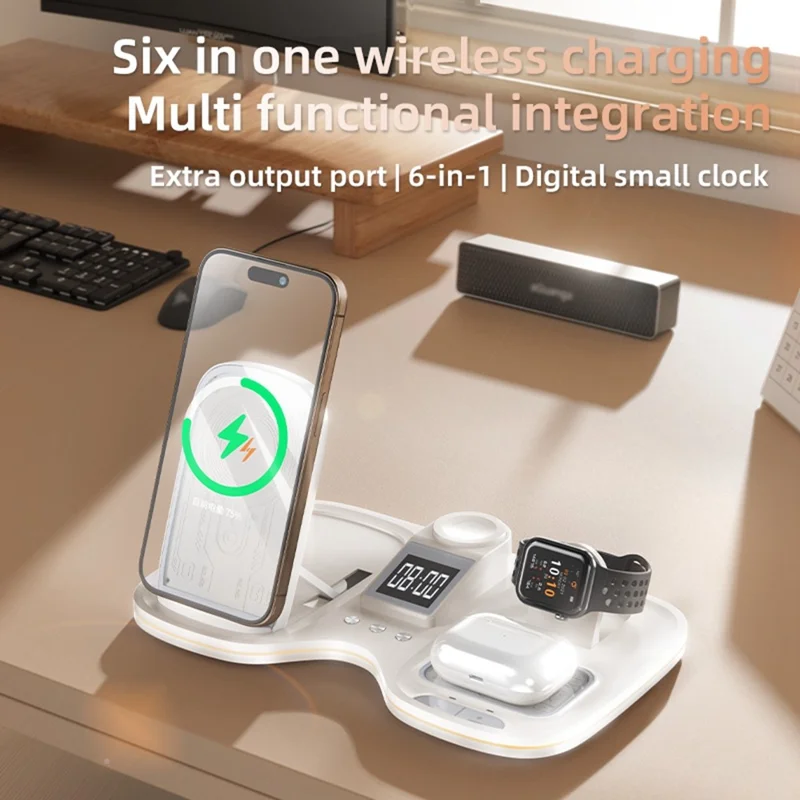 T60 Wireless Charging Station for Phone Watch Earbuds Magnetic Desktop Charger with Time Display